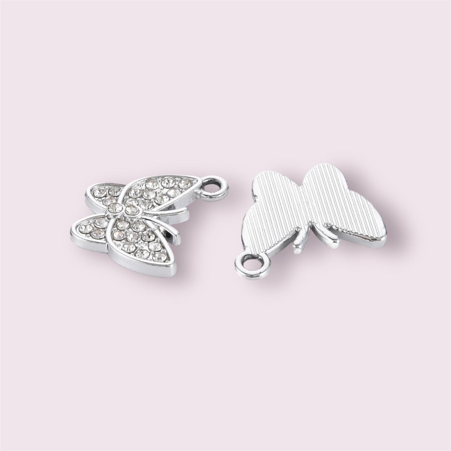 Butterfly charms, silver rhinestone, 20mm