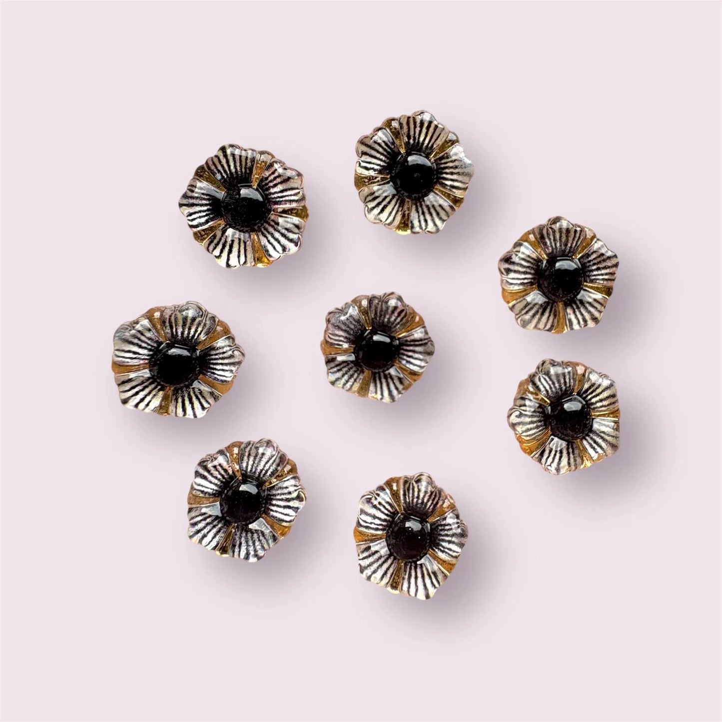 Black resin flower cabochons, glass effect resin flower embellishments, 12mm