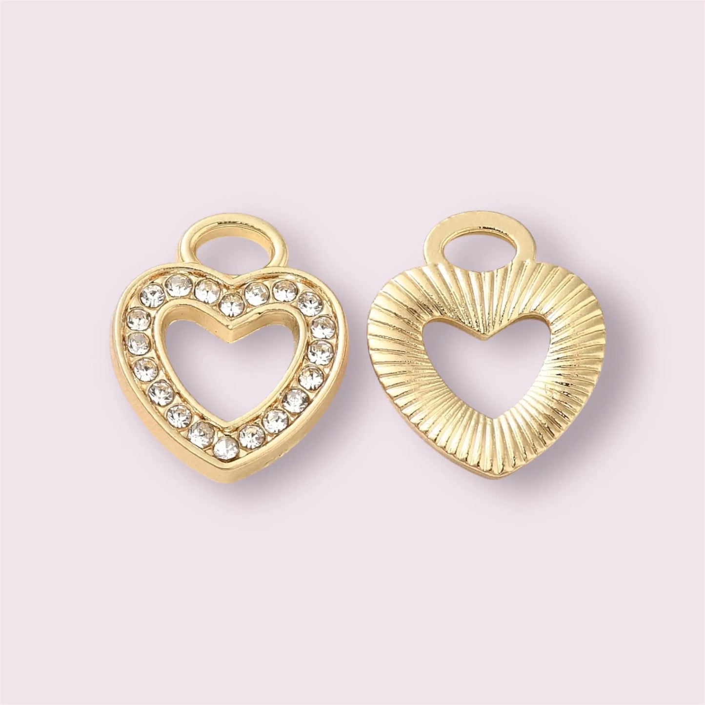 gold heart charms, clear rhinestone
