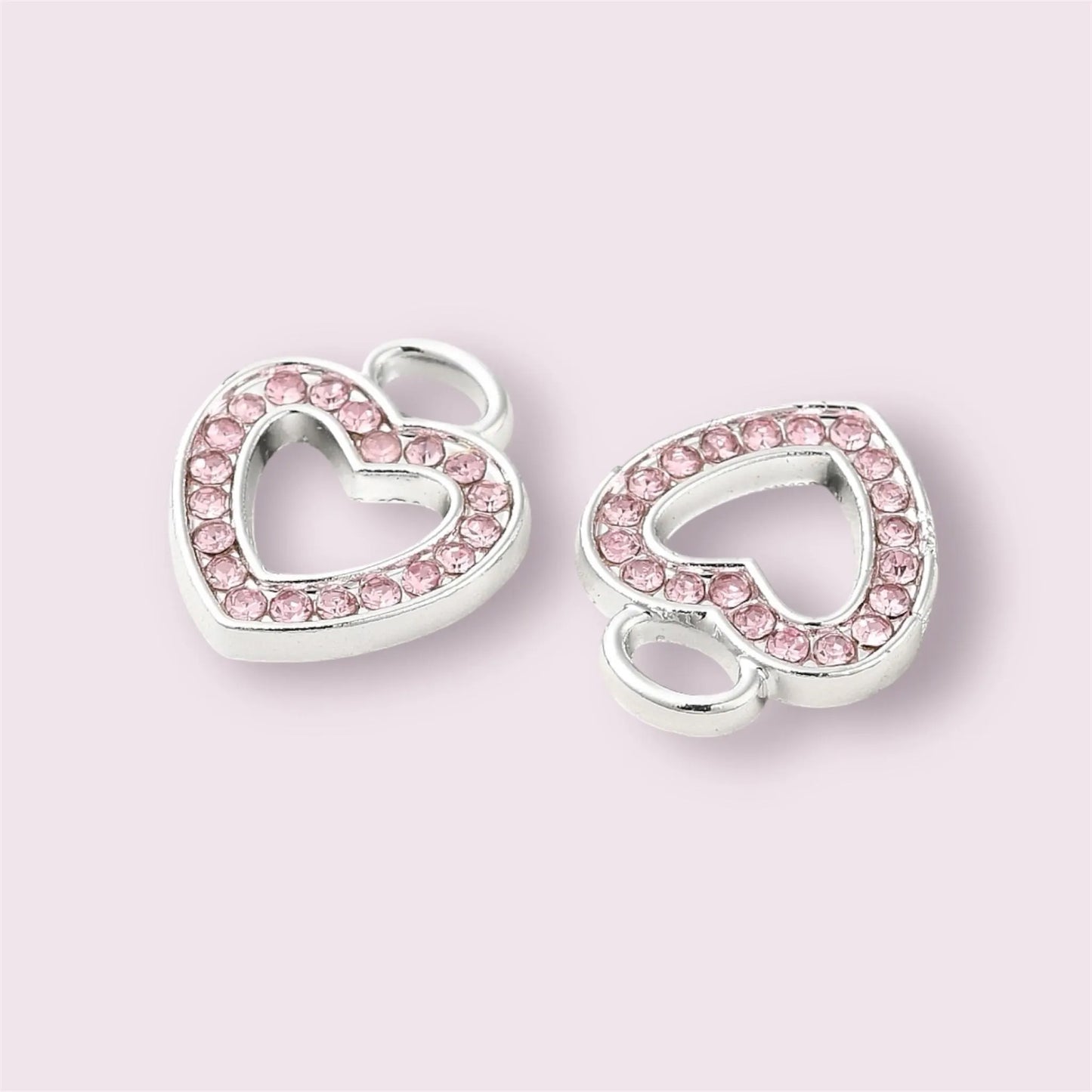 silver heart charms, pink rhinestone