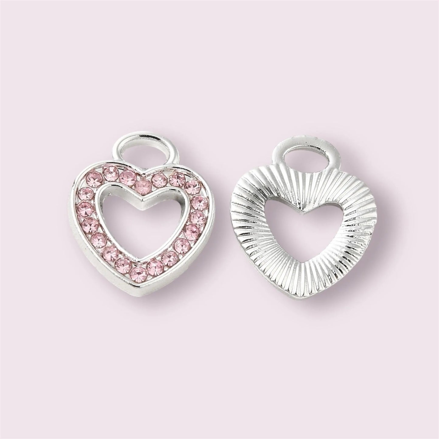 silver heart charms, pink rhinestone