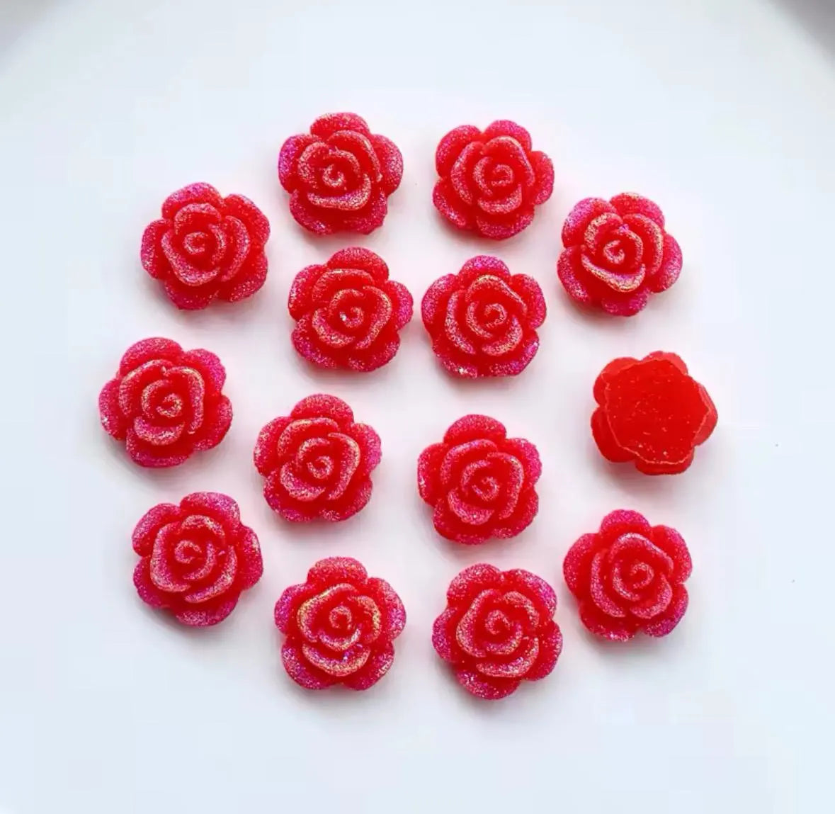 Red glitter rose cabochons, 13mm