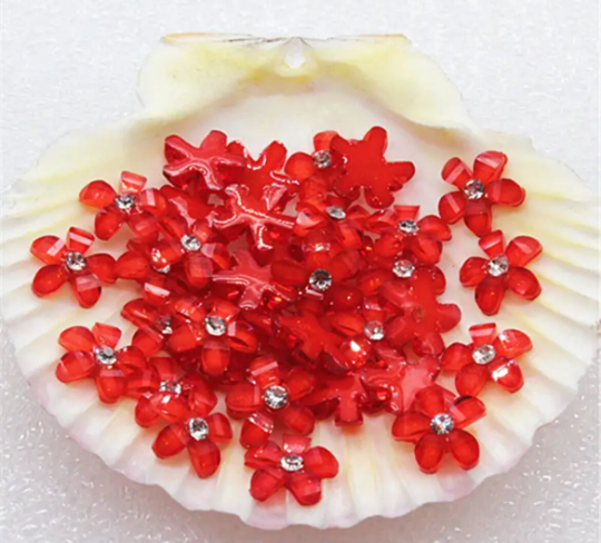 red rhinestone flower cabochon, 10mm