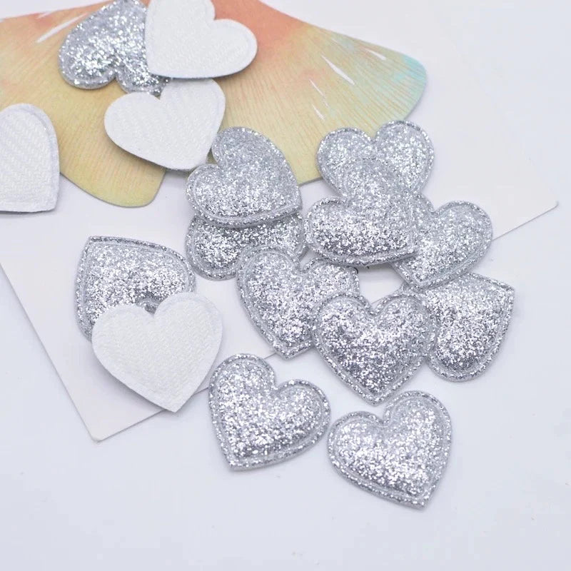 Silver fabric glitter hearts, 22mm