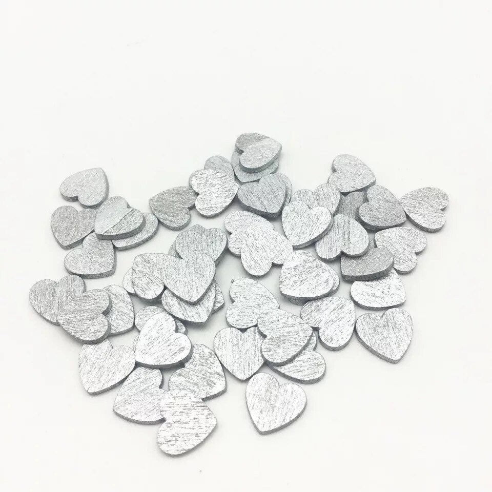 Silver wooden heart embellishments, 11mm