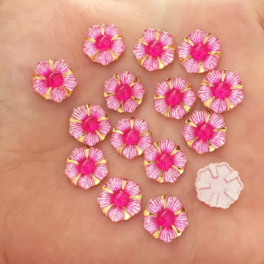Pink resin flower cabochons, glass effect 12mm
