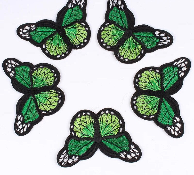 Green butterfly embroidered patch, 7 x 5cm