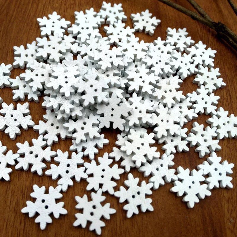 White Snowflake wooden buttons, 18mm