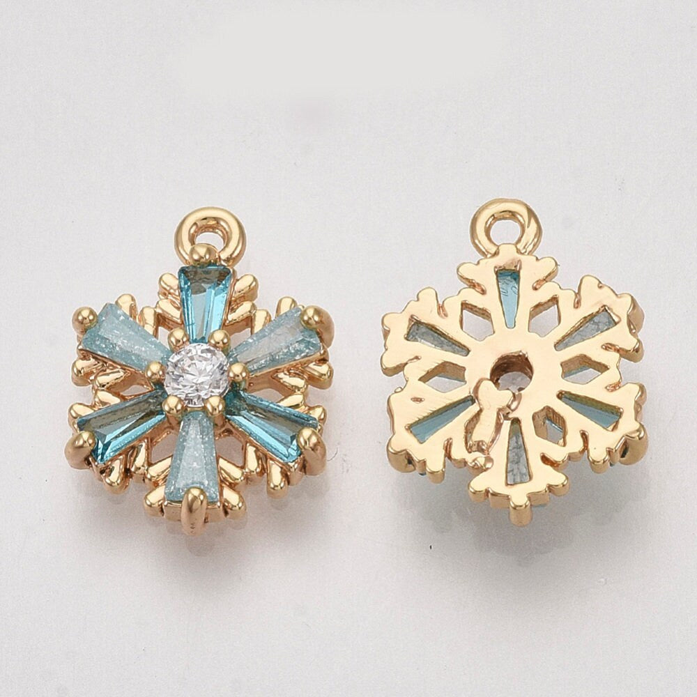 Snowflake charms 18k gold plated snowflake, blue cubic zirconia