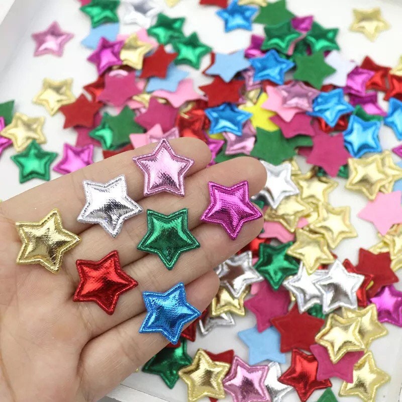 Metallic coloured padded fabric stars, 2cm