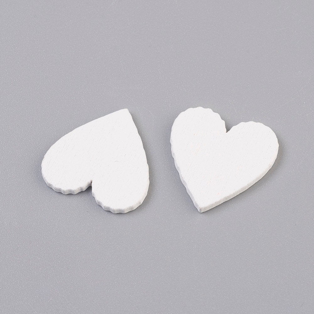 Wooden white heart embellishments, 20mm