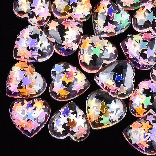 Clear glitter heart cabochons, 10mm