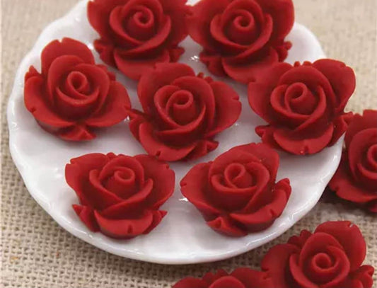 Red flower cabochons, Matte red open rose, 13mm