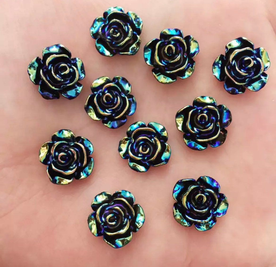 Black rose flower cabochon, 12mm