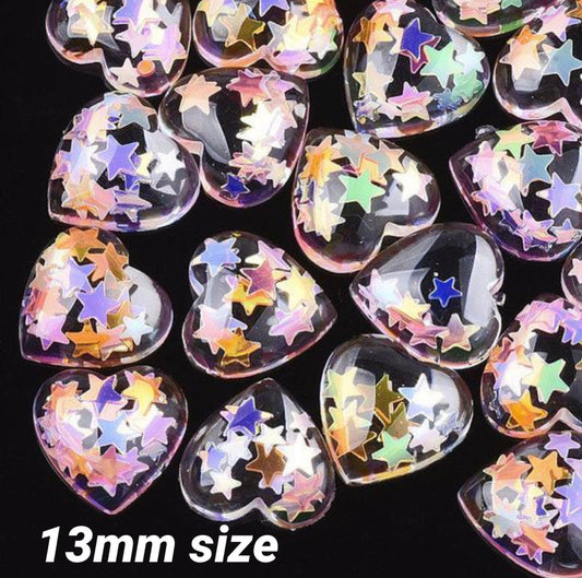 Clear glitter heart cabochons, 13mm