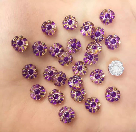 Purple glass effect flower cabochons, 8mm