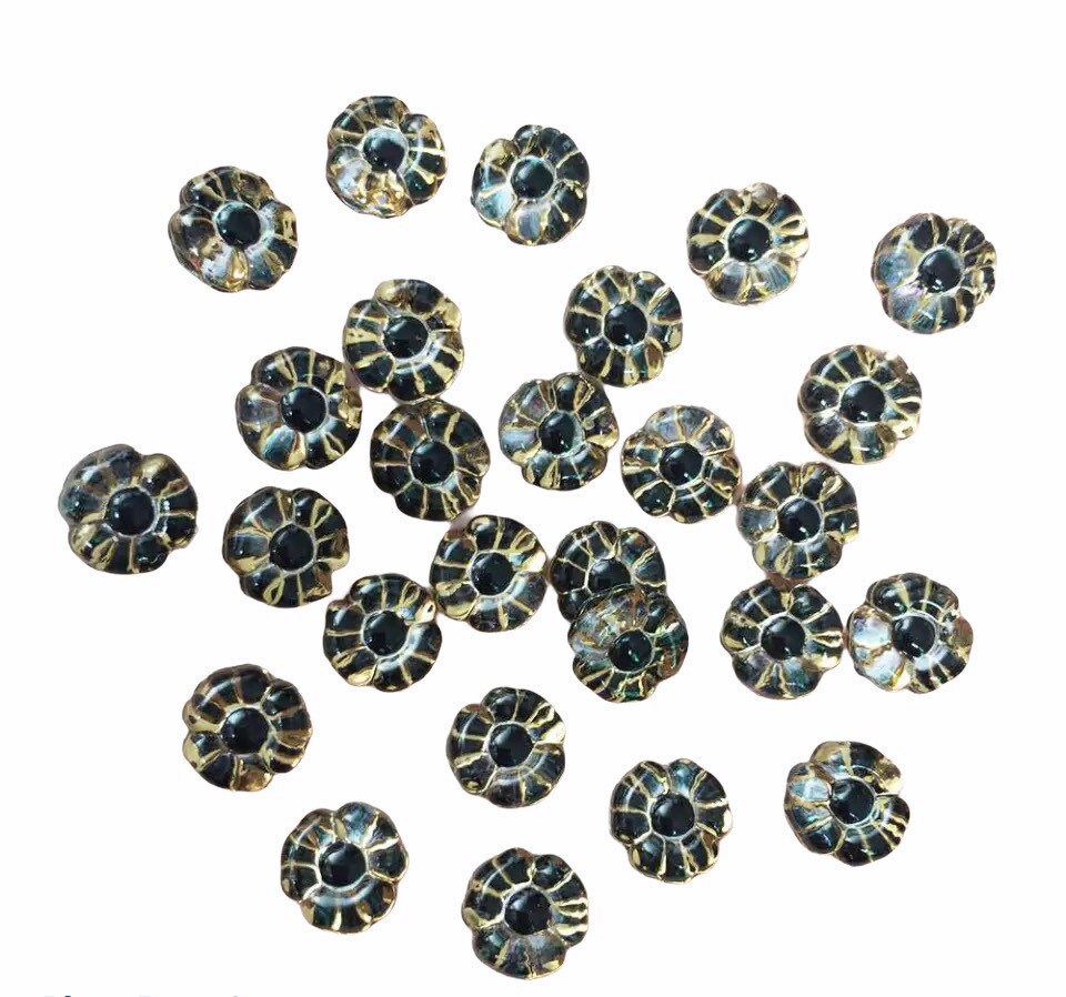 Black glass effect flower cabochons, 8mm