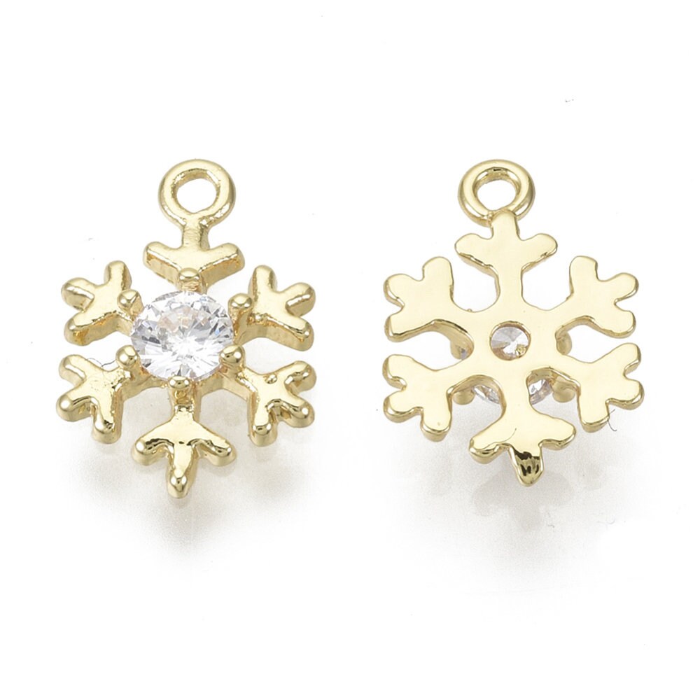 Snowflake charm, 18k gold plated 12mm cubic zirconia