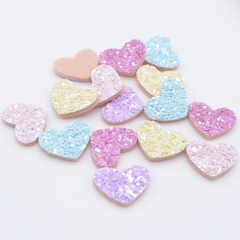 Heart shaped pastel embellishments, 20mm glitter fabric