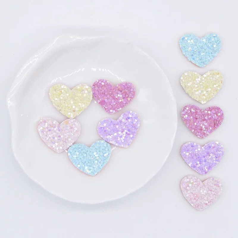 Heart shaped pastel embellishments, 20mm glitter fabric