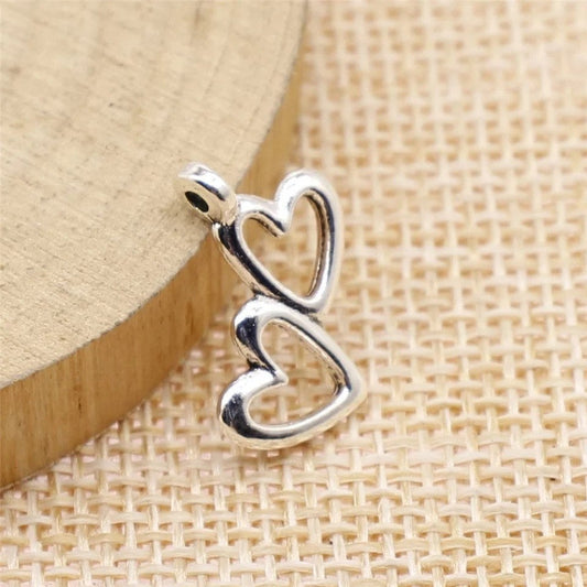 Silver double heart charm, 18mm