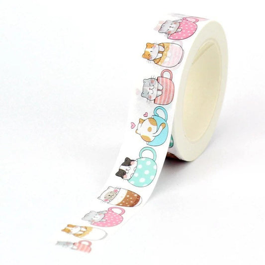 Cats in cups washi tape roll, 10m single sided