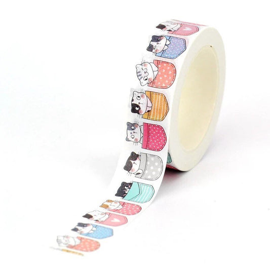 Cats in pockets washi tape roll, 10m single sided