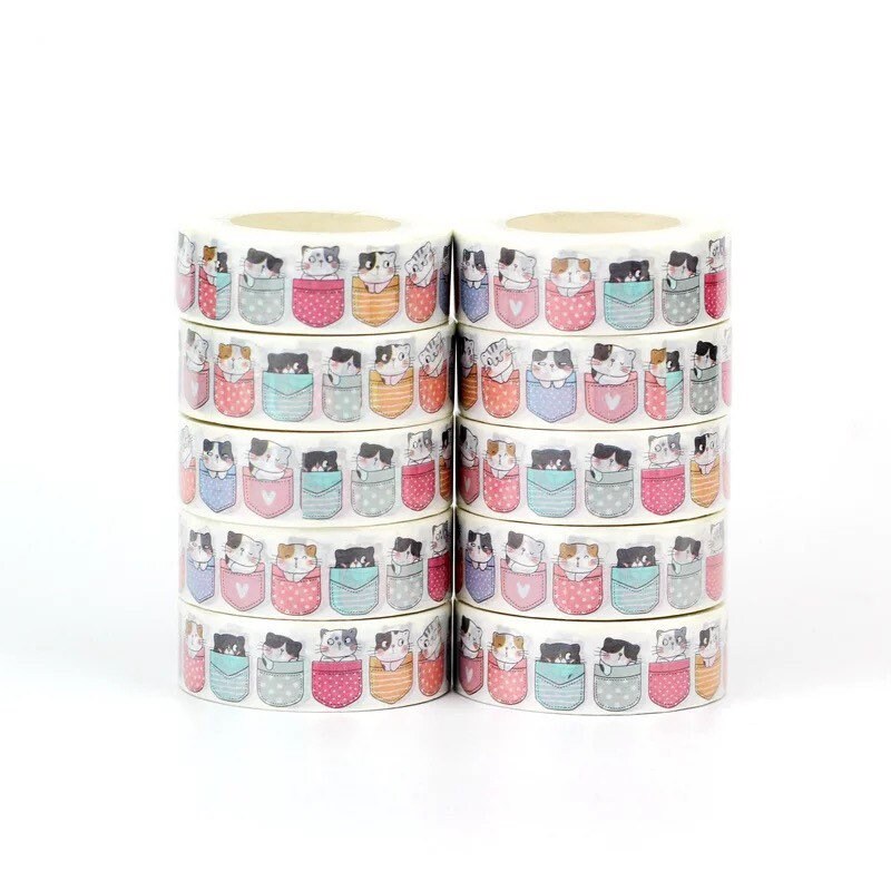 Cats in pockets washi tape roll, 10m single sided