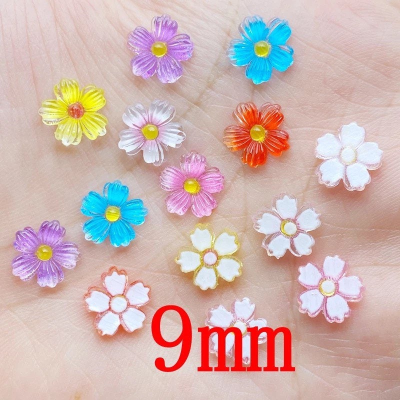 Blue glass effect resin flower cabochons, 9mm