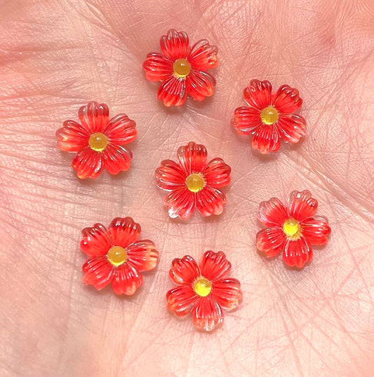 Red glass effect resin flower cabochons, 9mm