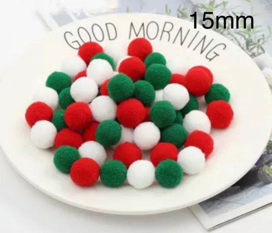 Pom Poms, Christmas mixed colour pom pom, 15mm