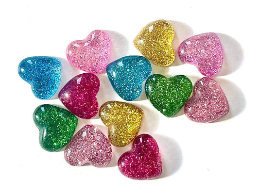 Glitter heart cabochons, mix colour