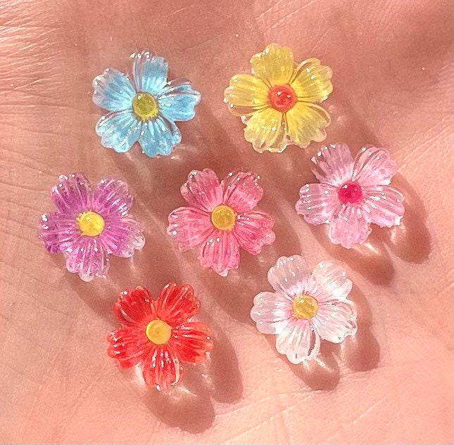 Mixed colour glass effect resin flower cabochons, 9mm