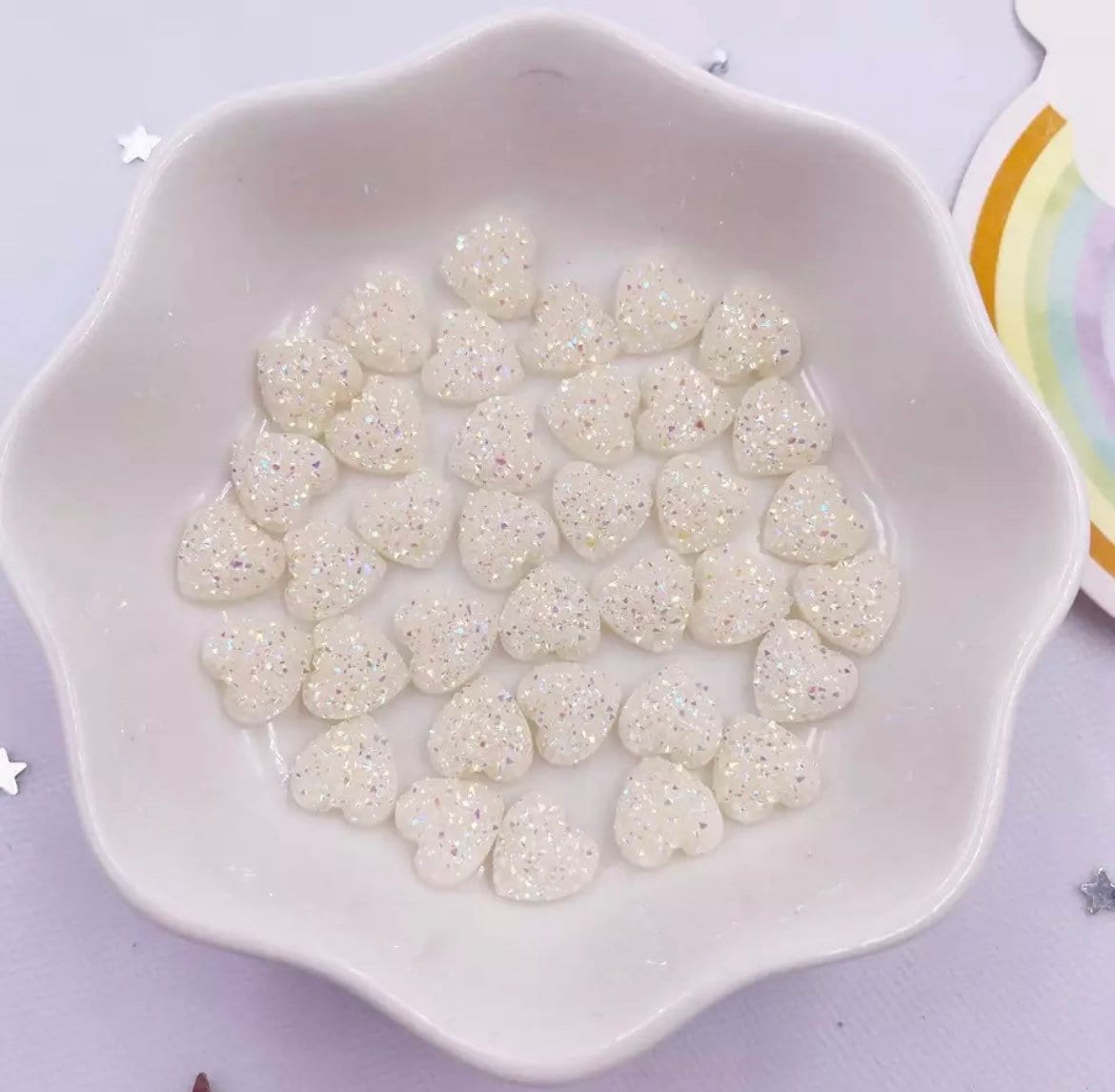 Ivory glitter heart embellishments, 8mm