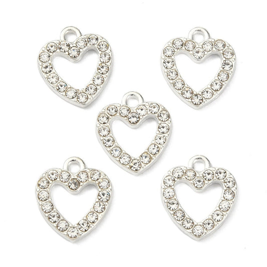 Silver heart charm, rhinestone and alloy