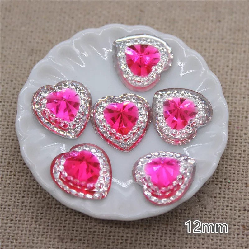 Deep Pink heart embellishments, rhinestone 12mm