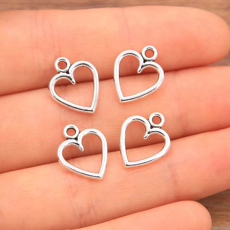 Silver heart charm, open heart, 13mm