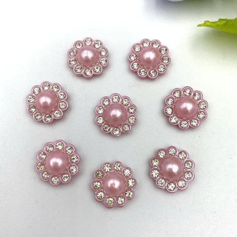 Pearl effect pink floral round cabochons, 14mm