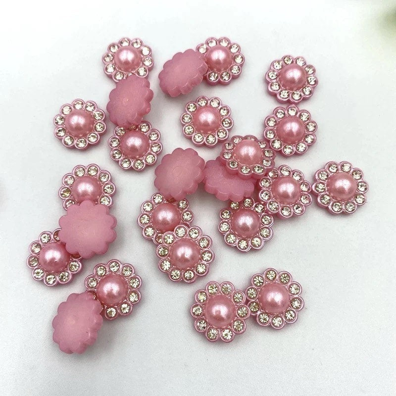 Pearl effect pink floral round cabochons, 14mm