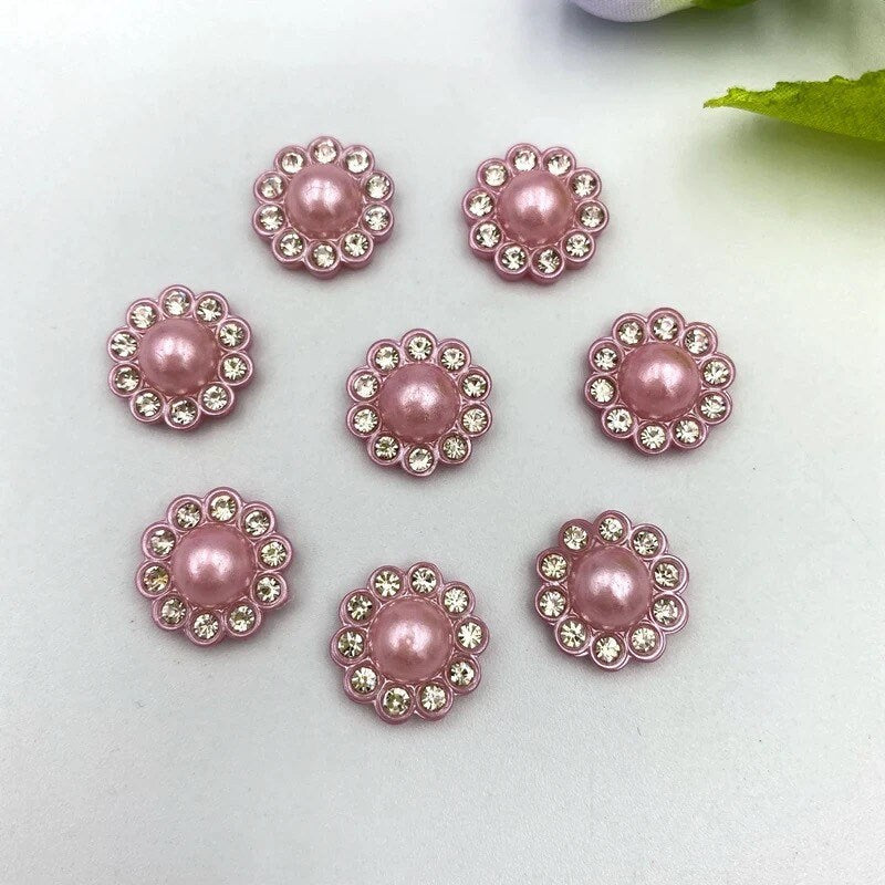 Pearl effect pink floral round cabochons, 14mm