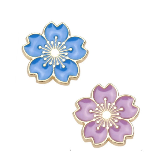 Flower enamel pin badge, purple, blue