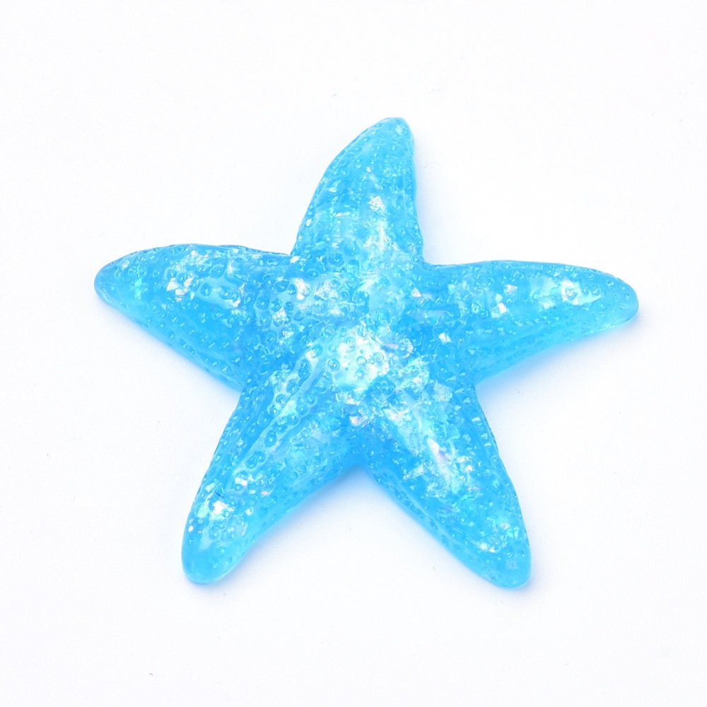 Starfish cabochons, blue glitter 45mm