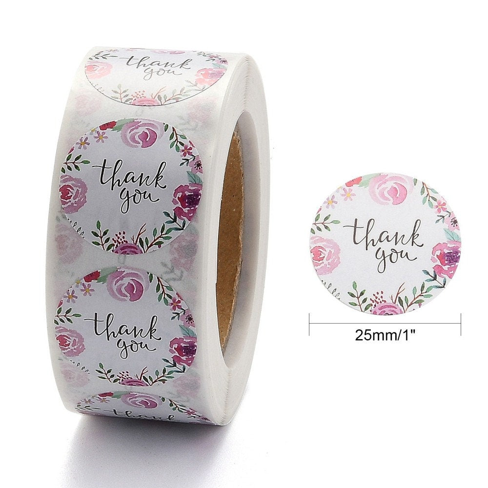 Thank you craft stickers, 25mm round pink floral