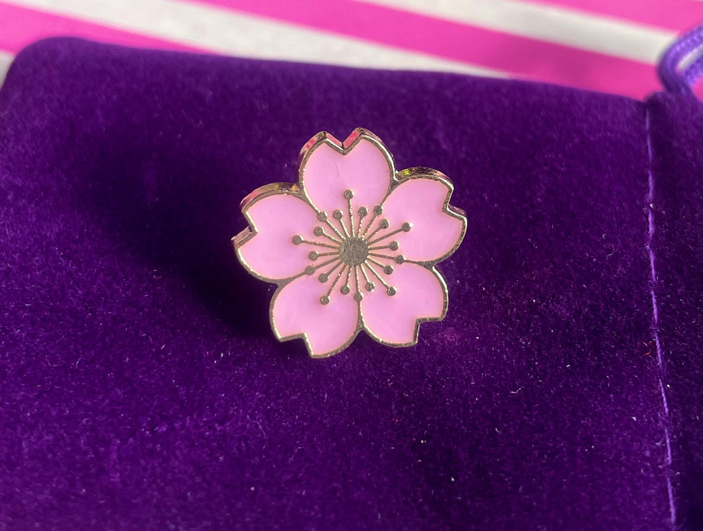 Flower enamel pin badge, purple, blue