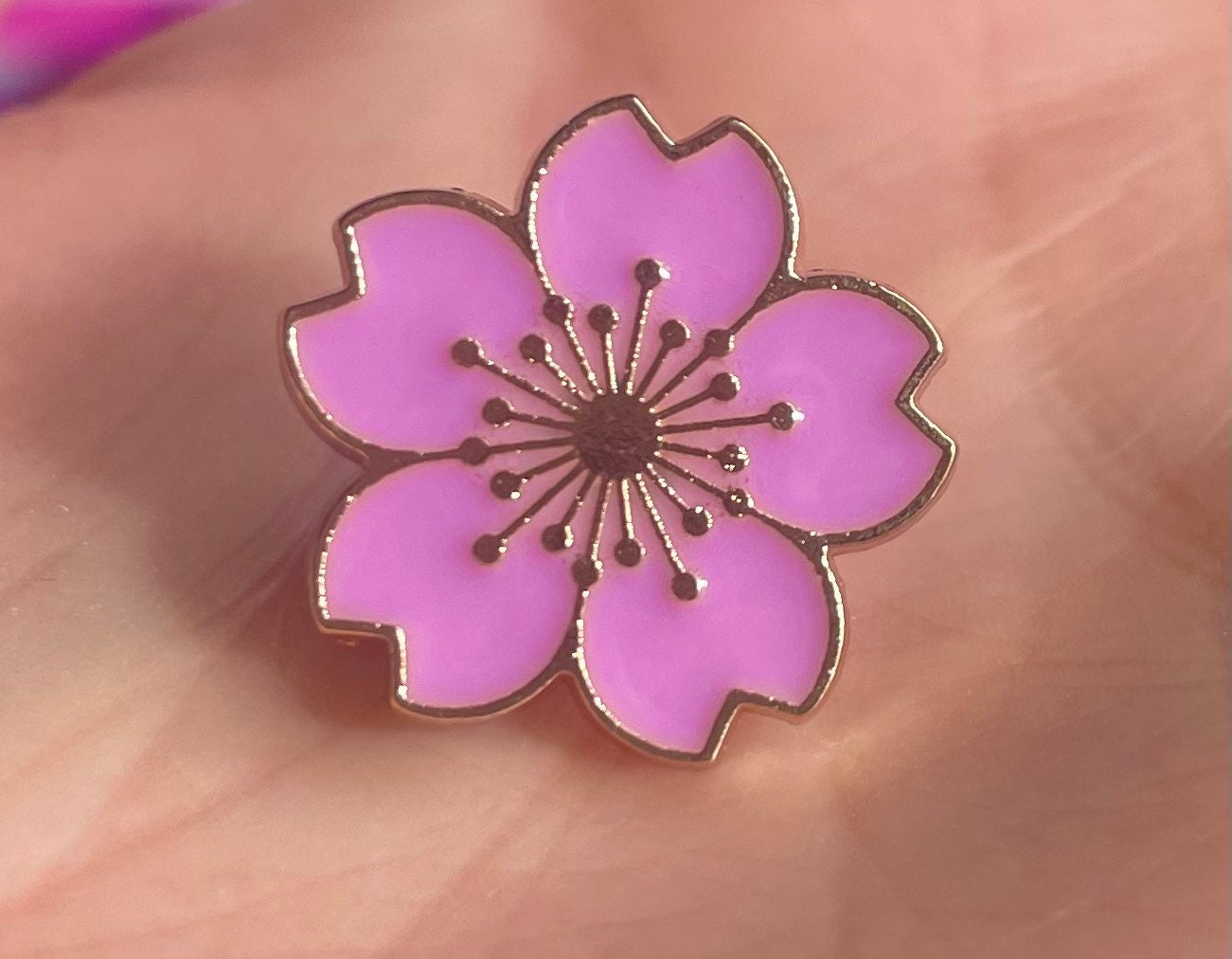 Flower enamel pin badge, purple, blue