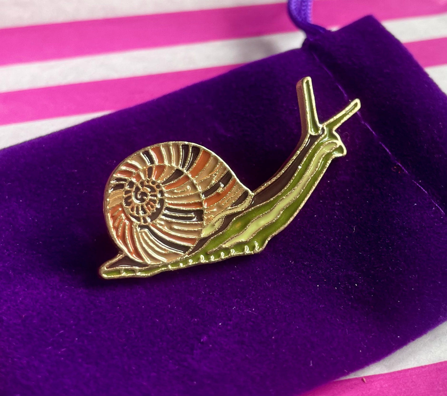 Snail enamel pin badge, garden snail brooch