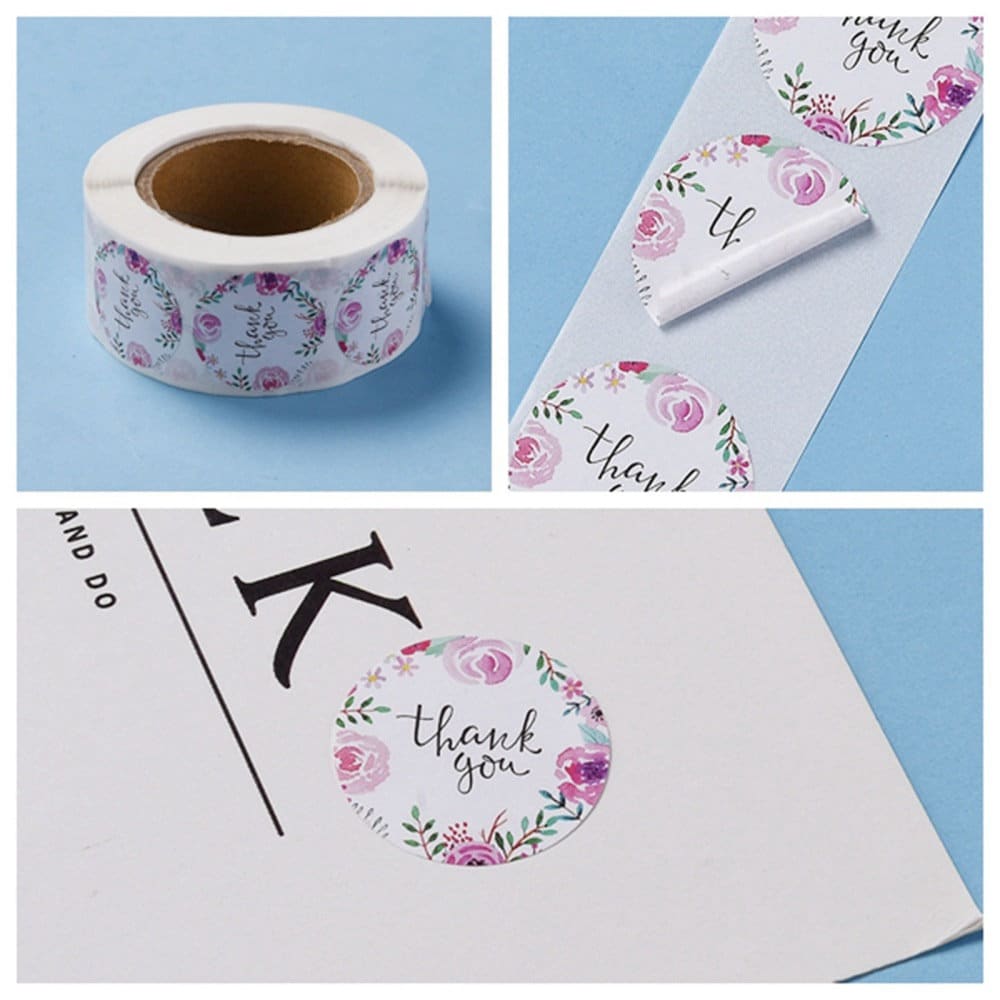 Thank you craft stickers, 25mm round pink floral