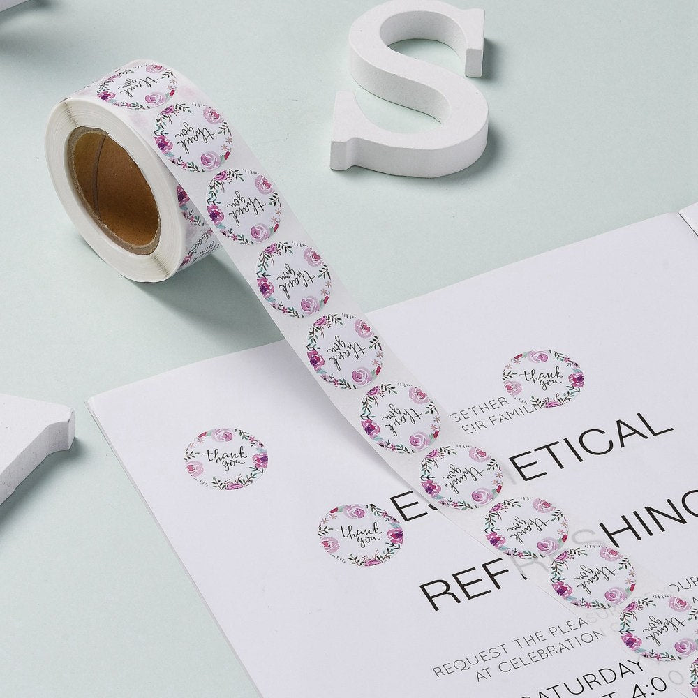 Thank you craft stickers, 25mm round pink floral