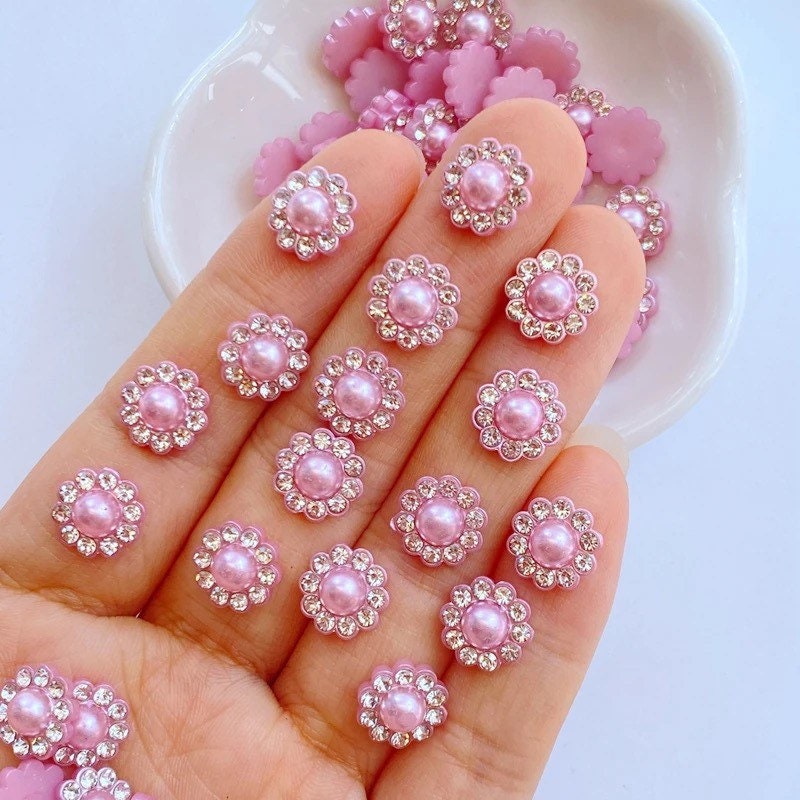 Pearl effect pink floral round cabochons, 10mm