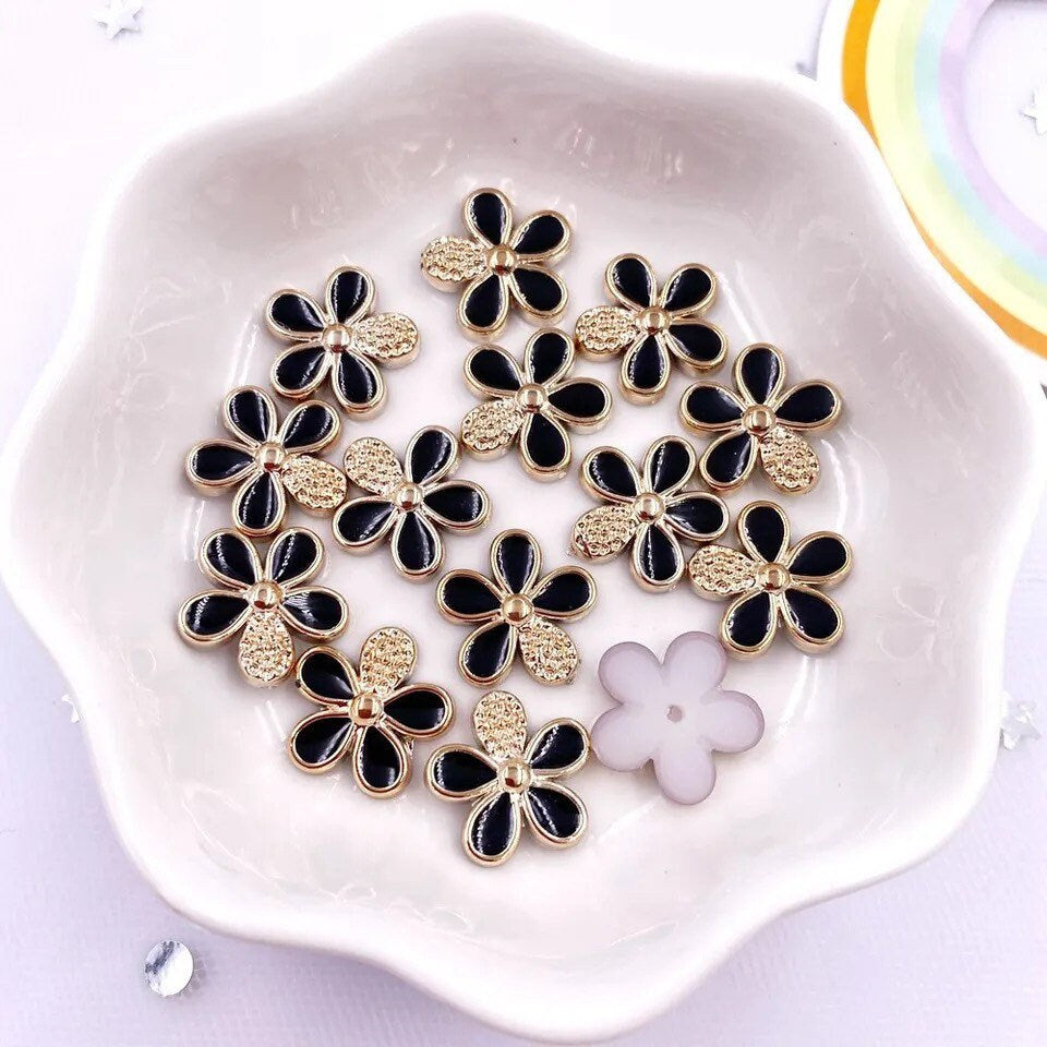 Black acrylic flower cabochons, flat back flower embellishments, 13mm floral cabochons, floral craft embellishments, set of 20